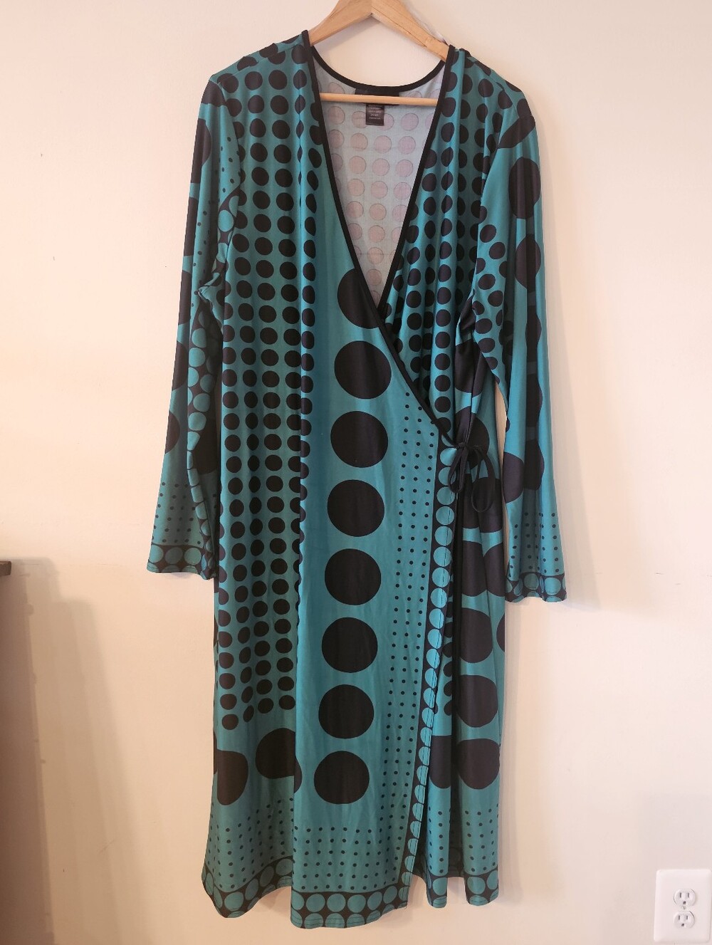 Ashley Stewart Green Black Dot Geometric Faux Wrap Dress Plus 3x